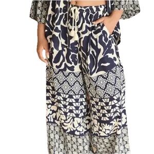 Anthropologie Navy/White Sea Shells Wide Leg Linen Palazzo Pull On Pants SP Boho